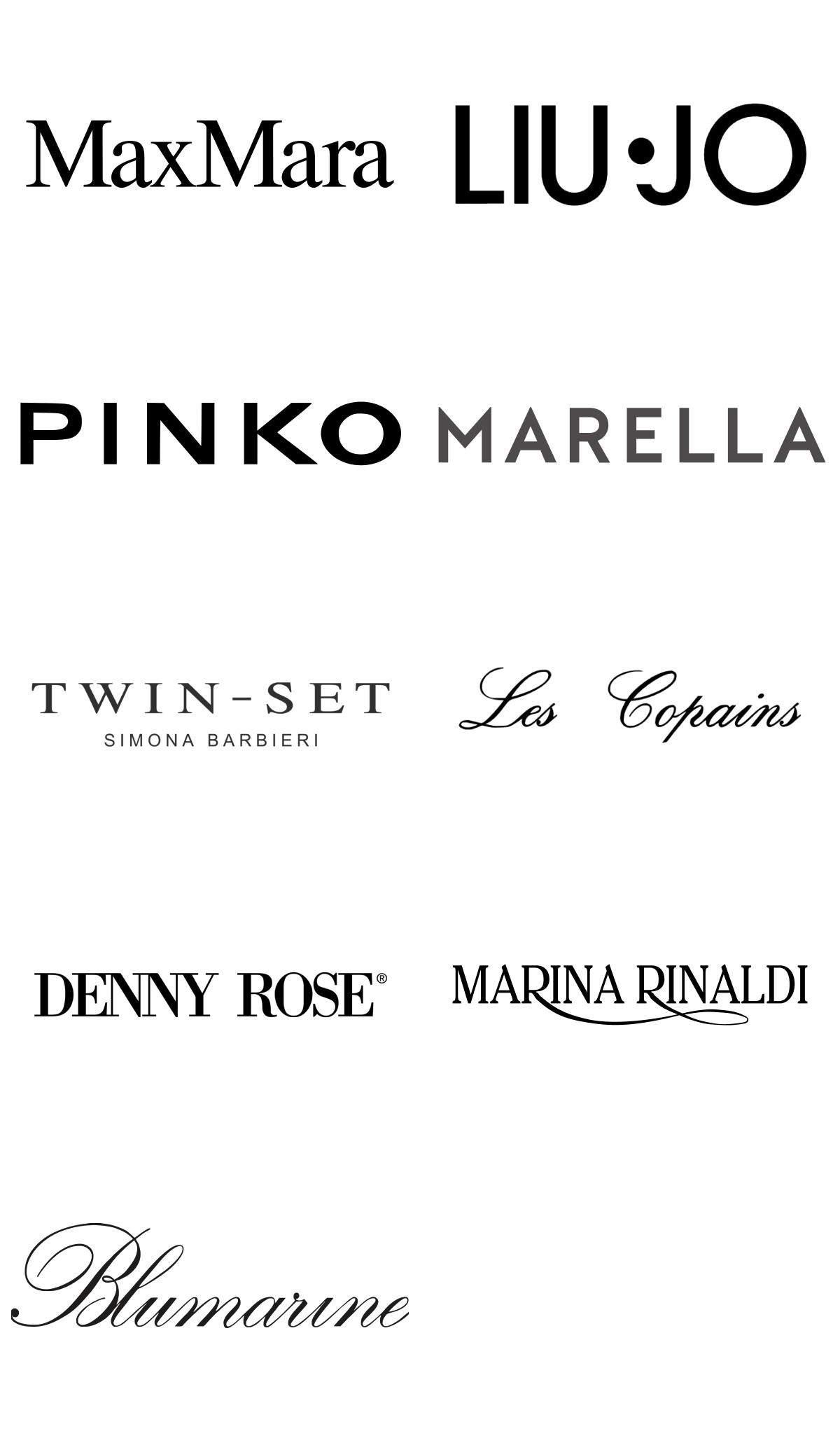 Loghi top brand colonna 1: MaxMara, LIUJO, PINKO, MARELLA, TWIN-SET, Les Copains, DENNY ROSE, MARINA RINALDI, Blumarine.