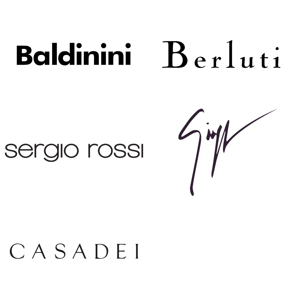 Loghi top brand colonna 2: Baldinini, Berluti, Sergio Rossi, Casadei, Giuseppe Zanotti.