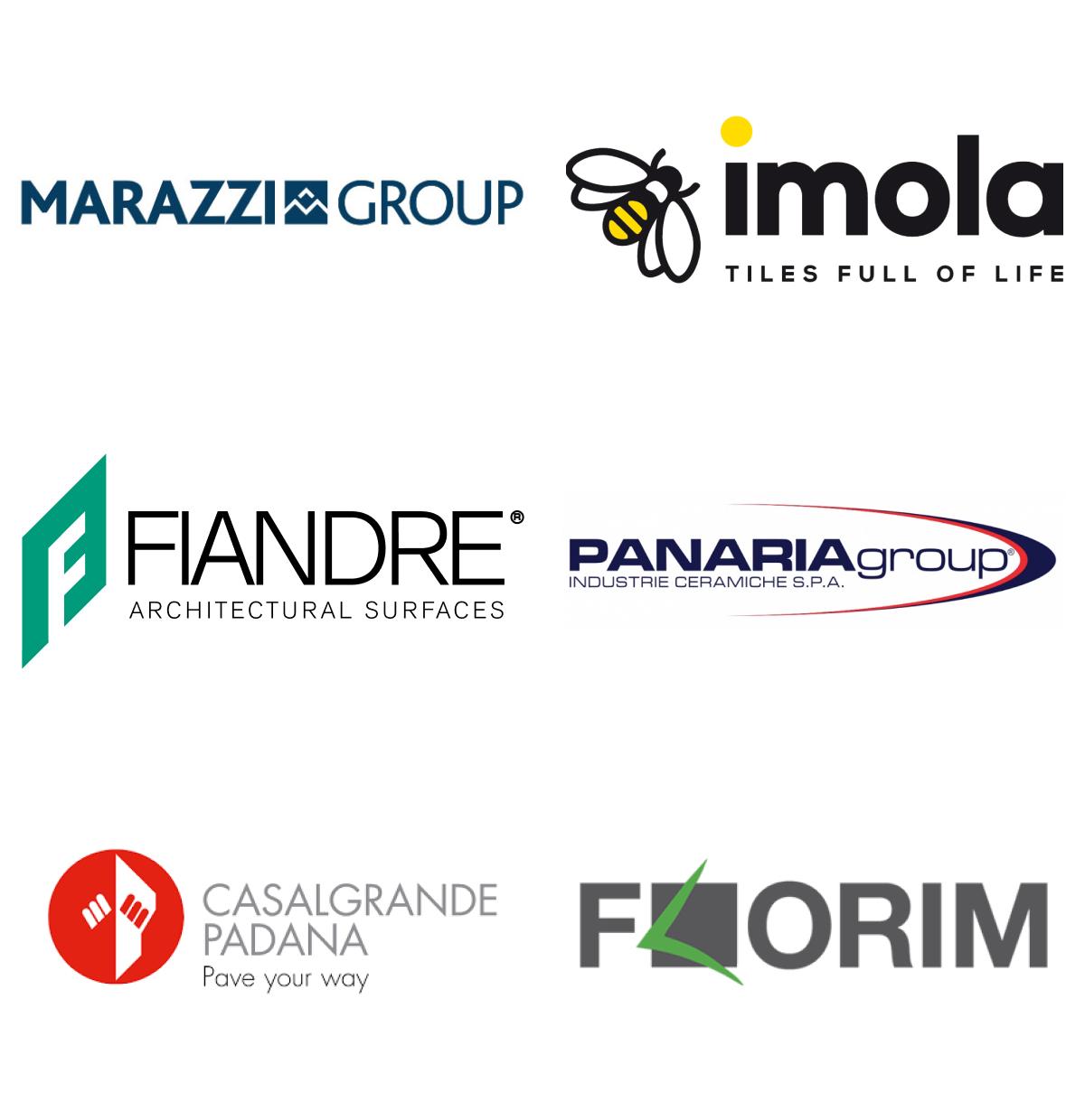 Immagini top brand colonna 1, loghi: Marazzi Group, Imola Tiles full of life, Fiandre, Panaria group, Casalgrande Padana, Florim.
