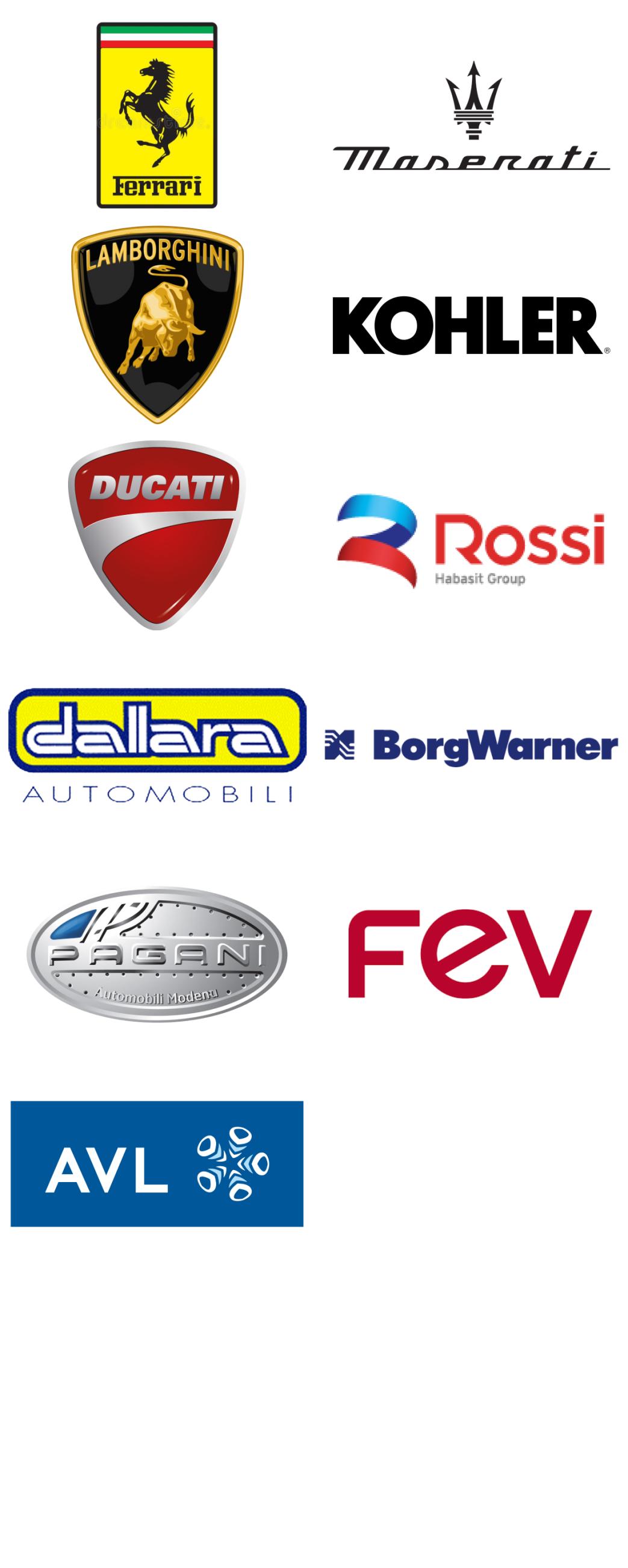 Immagini top brand mechanical colonna 1: Ferrari, Maserati, Lamborghini, Kohler, Ducati, Rossi, Dallara, Pagani, BorgWarner, AVL, FEV.