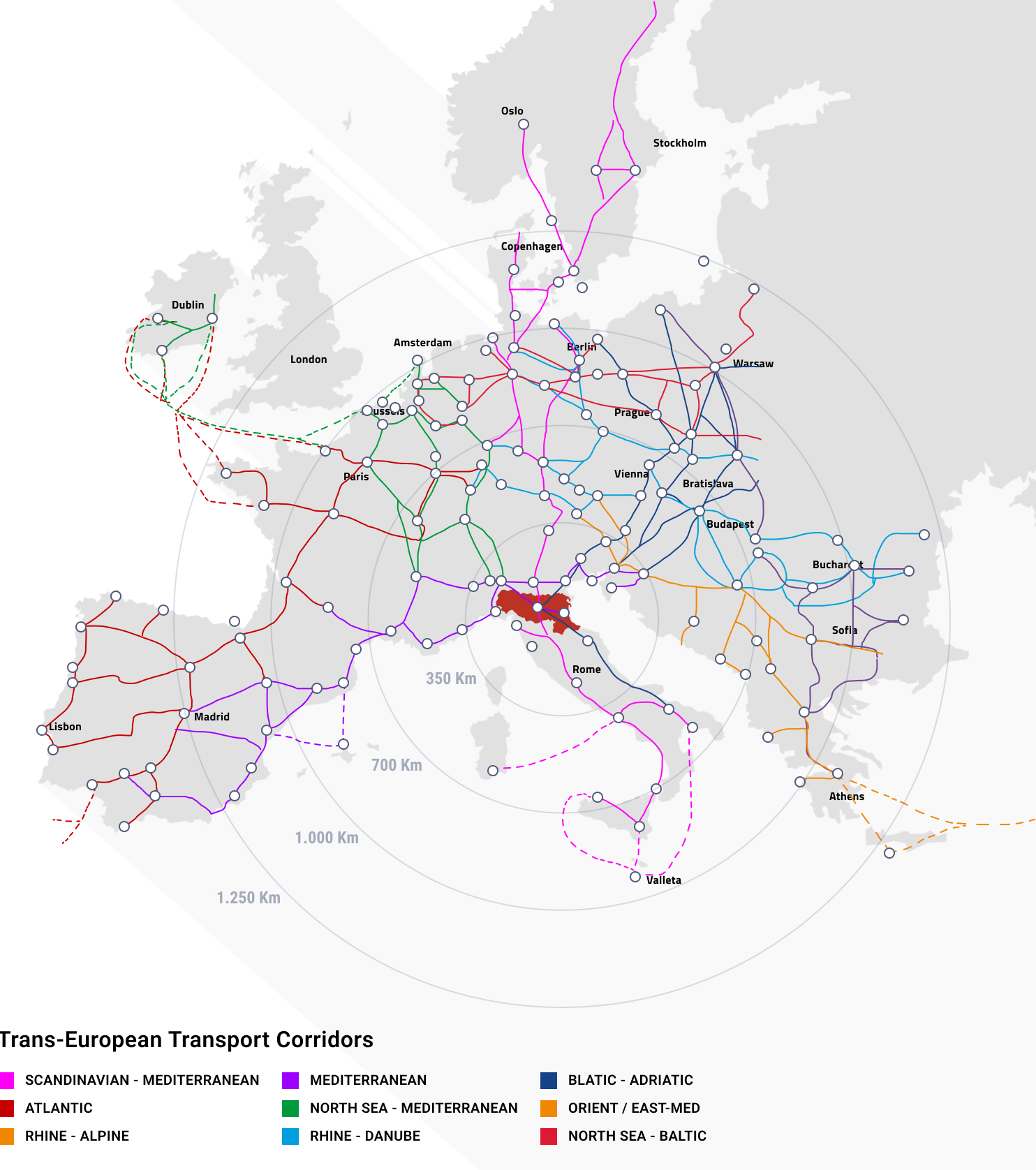 mappa dell'Europa raffigurante le corridoi logistici e di trasporto