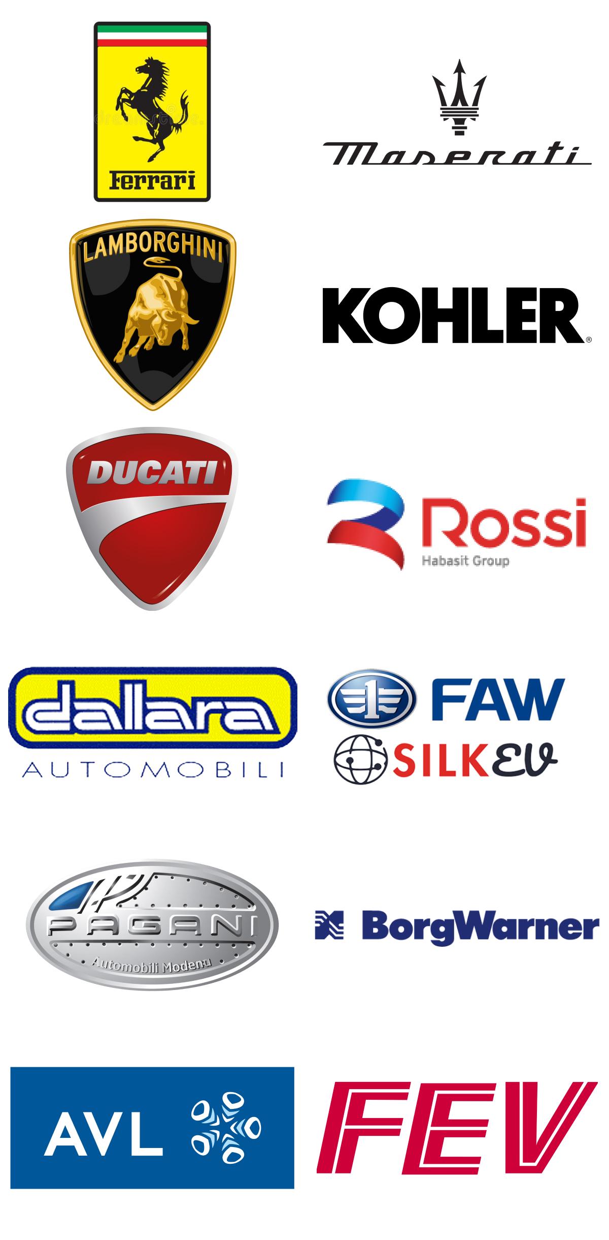 Immagini top brand mechanical colonna 1: Ferrari, Maserati, Lamborghini, Kohler, Ducati, Rossi, Dallara, FAW, Pagani, BorgWarner, AVL, FEV.