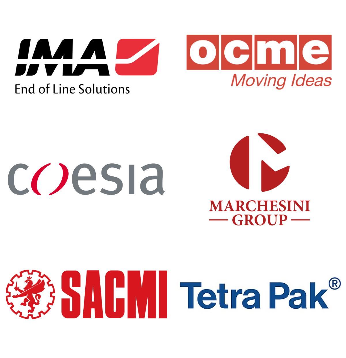 Immagini loghi top brand colonna 2: IMA End of Line Solution, OCME, Coesia, Marchesini group, SACMI, TetraPak.