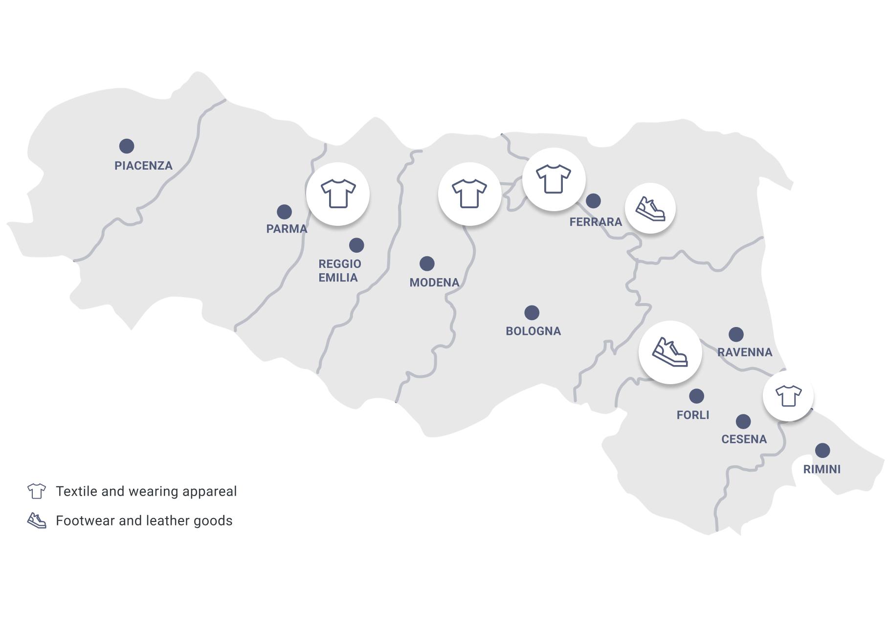 mappa Emilia Romagna con le capitali di provincia e le loro specializzazioni nel campo tessile