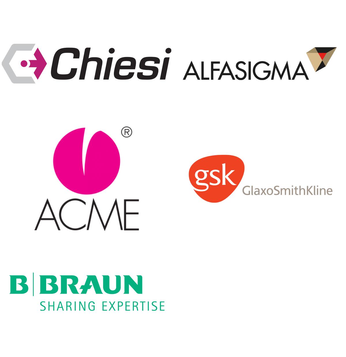 Immagini loghi top brand colonna pharma: Chiesi, Alfasigma, ACME, GlaxoSmithKline, B.Braun.