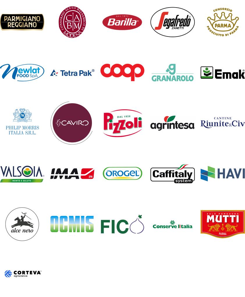 Top companies in Emilia Romagna food valley: Parmigiano Reggiano, Consorzio aceto balsamico di Modena, Barilla, Segafredo, Consorzio Prosciutto di Parma, Newlat Food SpA, TetraPak, COOP, Granarolo, Emak, Philip Morris, Caviro, Pizzoli, Agrintesa, Cantine Riunite e Civ, Valsoia, IMA SPA, Orogel, Caffitaly system, HAVI, Alce nero, OCMIS, FICO, Conserve Italia, MUTTI. Corteva