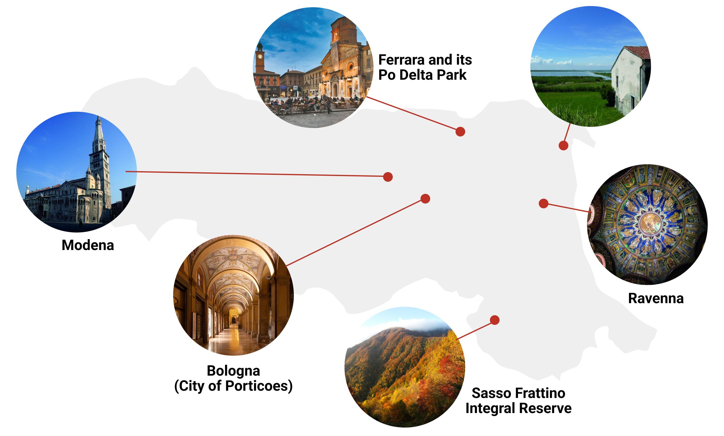 the cultural heritages of Emilia Romagna and their respective cities: Ferrara and the Po Delta Park, Ravenna, Sasso Frattino Integral Reserve, Bologna (City of Porticoes), Modena. 