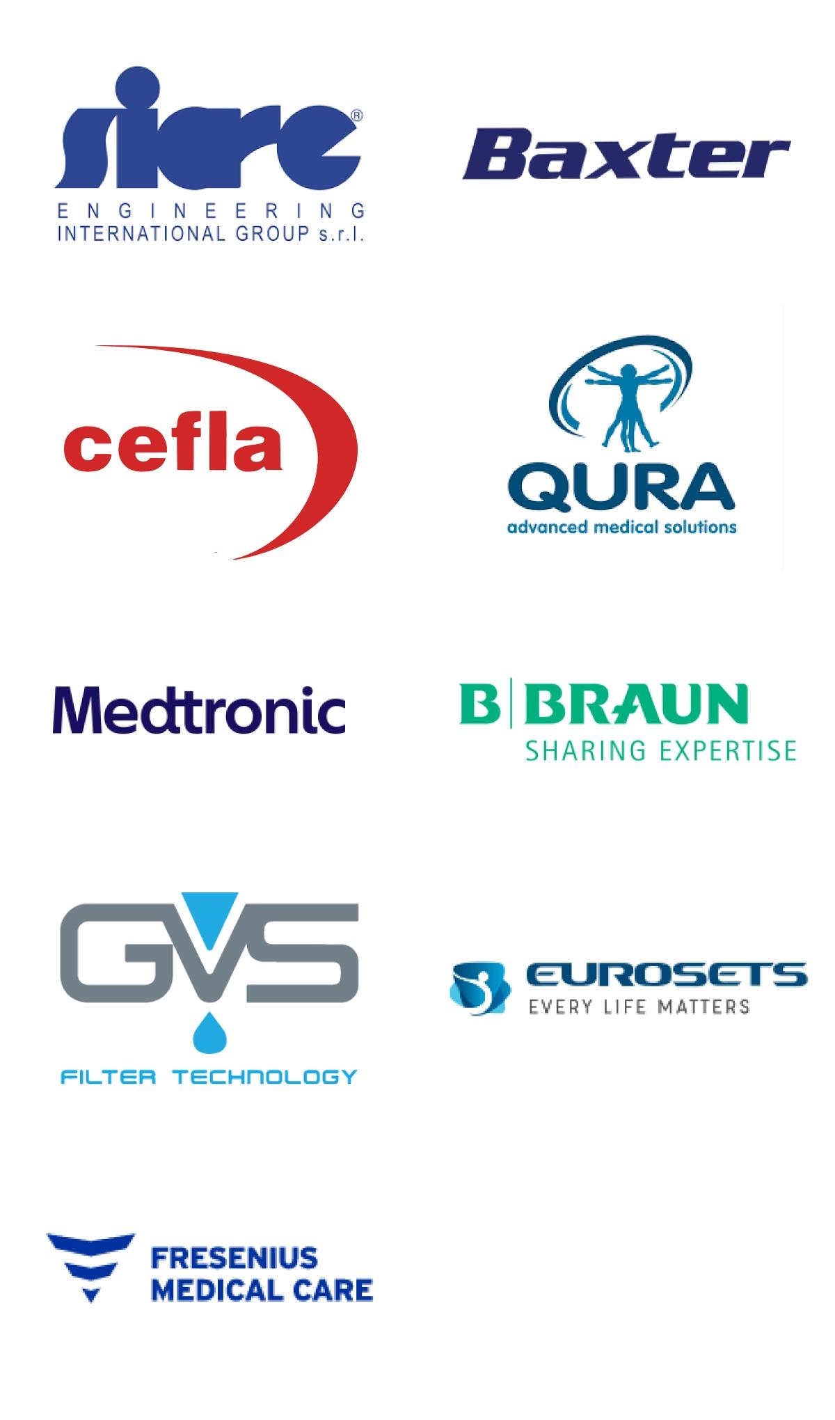 Logos biomedical in Emilia-Romagna: siare, Baxter, Cefla, Qura, Medtronic, B-Braun, GVS, Eurosets, Fresenius