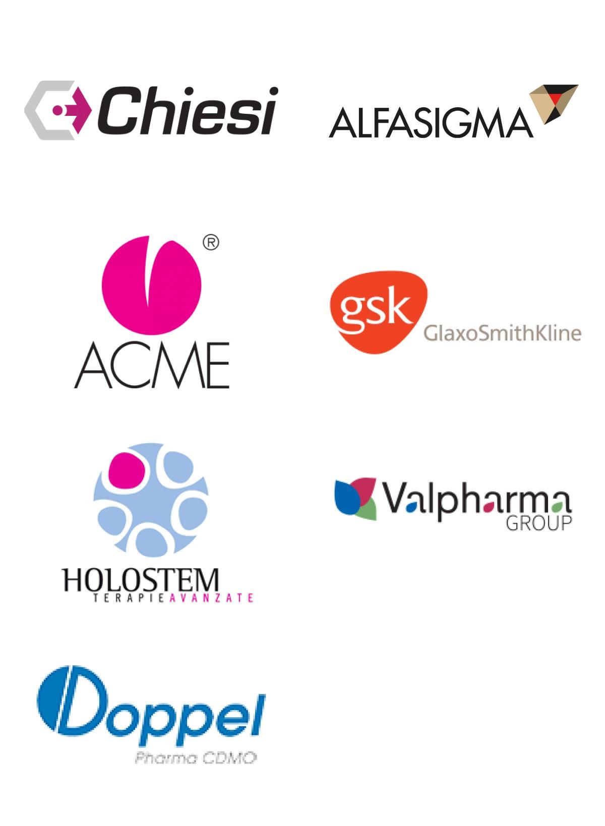 Immagini loghi top brand colonna pharma: Chiesi, Alfasigma, ACME, Gsk, Holostem, Valpharma, Doppel