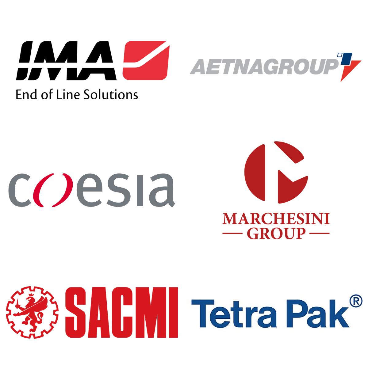 Immagini loghi top brand colonna 2: IMA End of Line Solution, AETNA, Coesia, Marchesini group, SACMI, TetraPak.