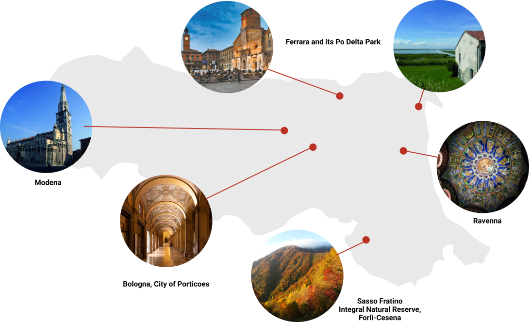 5 World Heritage Sites in Emilia-Romagna - Map with pictures of Bologna, Modena, Ferrara, Ravenna, Appennines